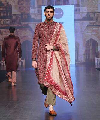 Maroon Coloured Sherwani With Olive Green Coloured Plazo Pants And Matching Stole 1