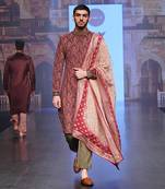 Maroon Coloured Sherwani With Olive Green Coloured Plazo Pants And Matching Stole