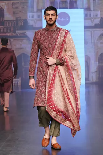 Maroon Coloured Sherwani With Olive Green Coloured Plazo Pants And Matching Stole