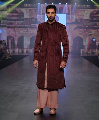 Wine Velvet Sherwani With Plazo Pants 1