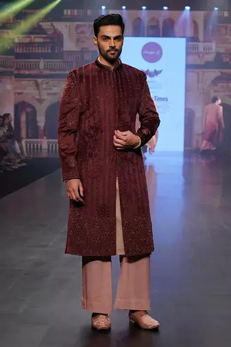Wine Velvet Sherwani With Plazo Pants