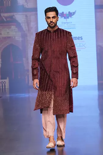 Wine Velvet Sherwani With Plazo Pants