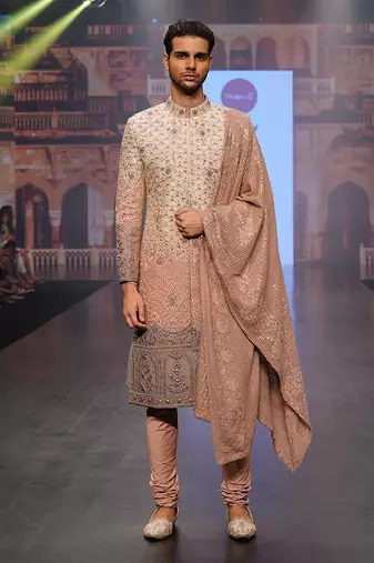 Ombre Shaded Sherwani With Peach Lucknowi Stole