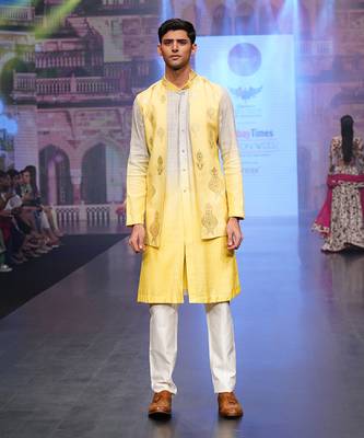 Lemon And Grey Coloured Kurta Jacket Set 1