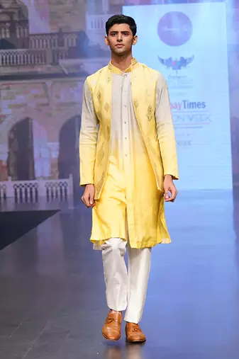 Lemon And Grey Coloured Kurta Jacket Set