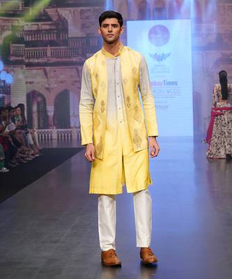 Lemon And Grey Coloured Kurta Jacket Set 3