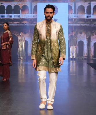 Ombre Shaded White To Green Long Kurta Jacket Set 1