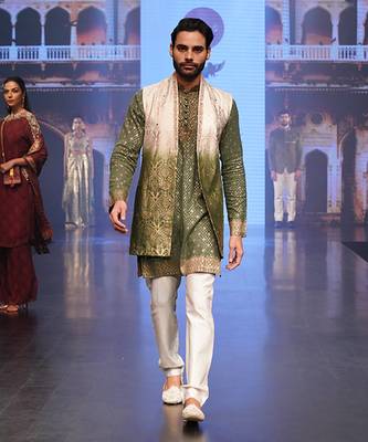 Ombre Shaded White To Green Long Kurta Jacket Set 2