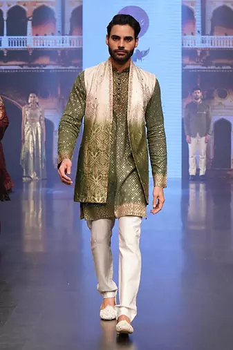 Ombre Shaded White To Green Long Kurta Jacket Set