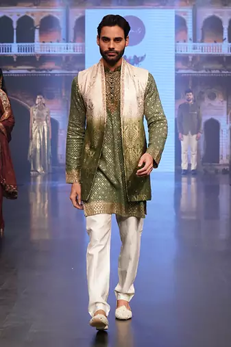 Ombre Shaded White To Green Long Kurta Jacket Set