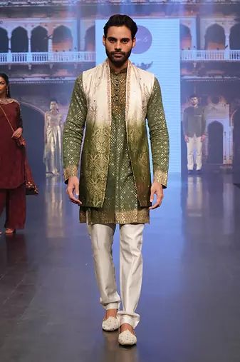 Ombre Shaded White To Green Long Kurta Jacket Set