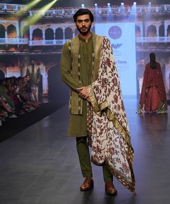 Olive Coloured Kurta Jacket Set With Printed Stole 1