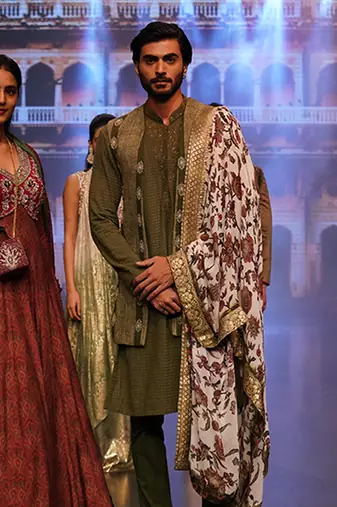 Olive Coloured Kurta Jacket Set With Printed Stole