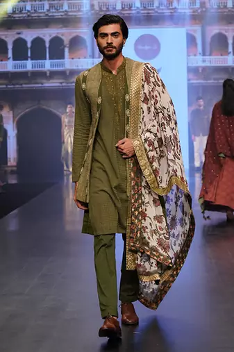 Olive Coloured Kurta Jacket Set With Printed Stole