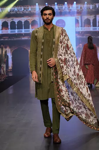 Olive Coloured Kurta Jacket Set With Printed Stole