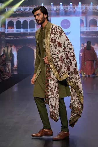 Olive Coloured Kurta Jacket Set With Printed Stole