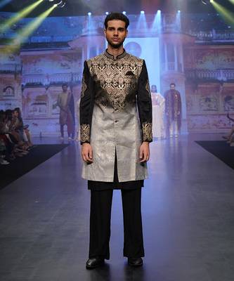 Brocade Print Black And Gold Indowestern 1