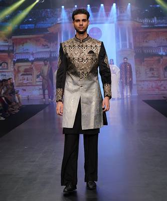 Brocade Print Black And Gold Indowestern 2