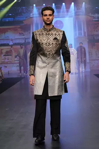 Brocade Print Black And Gold Indowestern