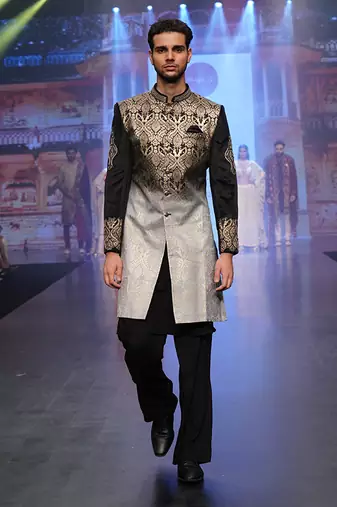 Brocade Print Black And Gold Indowestern