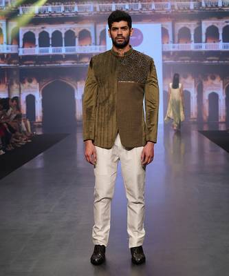 Olive Green Colour Velvet Jodhpuri With Pants 1