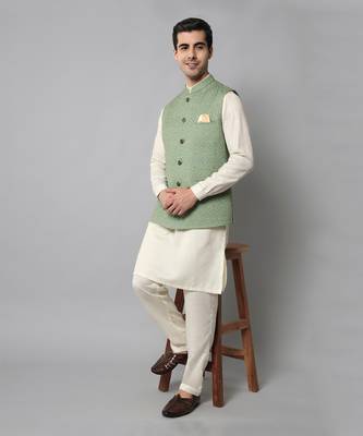 Wrinkle free Sage green jacket with off white kurta pants 2