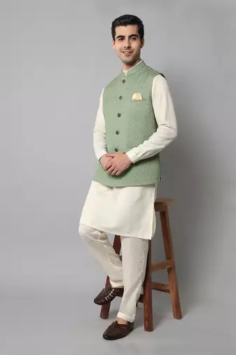 Wrinkle free Sage green jacket with off white kurta pants