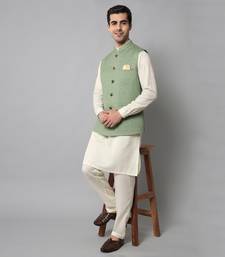 Wrinkle free Sage green jacket with off white kurta pants
