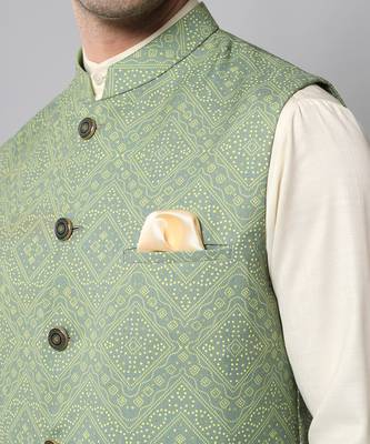 Wrinkle free Sage green jacket with off white kurta pants 3