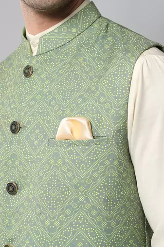 Wrinkle free Sage green jacket with off white kurta pants