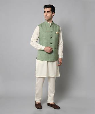Wrinkle free Sage green jacket with off white kurta pants 4
