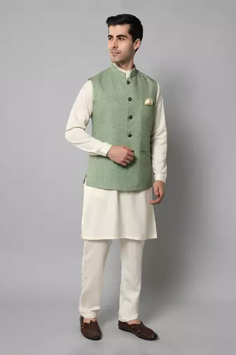 Wrinkle free Sage green jacket with off white kurta pants
