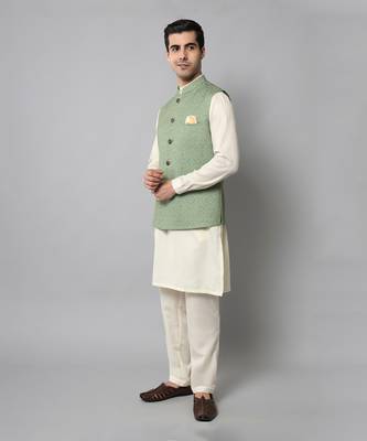 Wrinkle free Sage green jacket with off white kurta pants 5