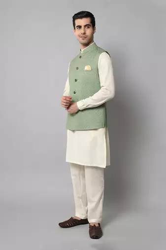 Wrinkle free Sage green jacket with off white kurta pants