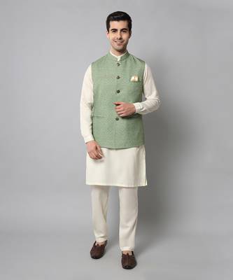 Wrinkle free Sage green jacket with off white kurta pants 1