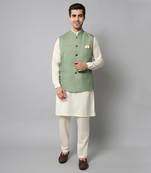 Wrinkle free Sage green jacket with off white kurta pants