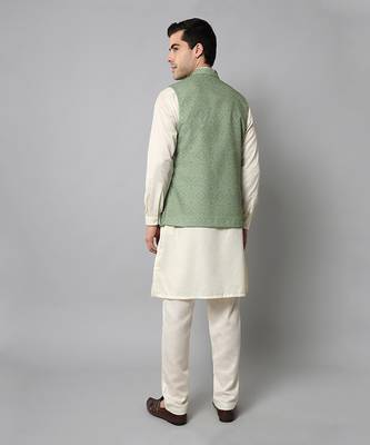 Wrinkle free Sage green jacket with off white kurta pants 6