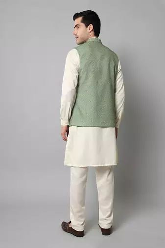 Wrinkle free Sage green jacket with off white kurta pants