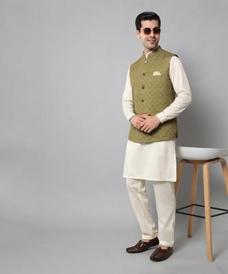 Wrinkle free olive green jacket with a plain creme kurta pants 2