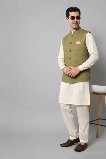 Wrinkle free olive green jacket with a plain creme kurta pants