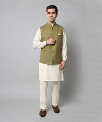 Wrinkle free olive green jacket with a plain creme kurta pants 1