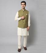 Wrinkle free olive green jacket with a plain creme kurta pants