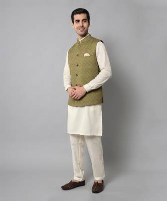 Wrinkle free olive green jacket with a plain creme kurta pants 3
