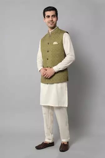 Wrinkle free olive green jacket with a plain creme kurta pants
