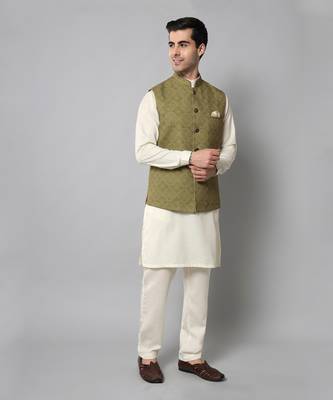 Wrinkle free olive green jacket with a plain creme kurta pants 4