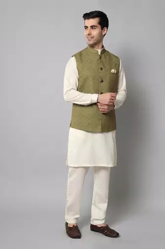 Wrinkle free olive green jacket with a plain creme kurta pants