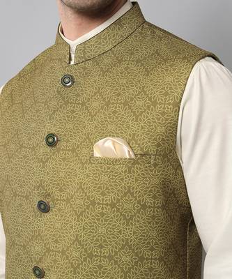 Wrinkle free olive green jacket with a plain creme kurta pants 5