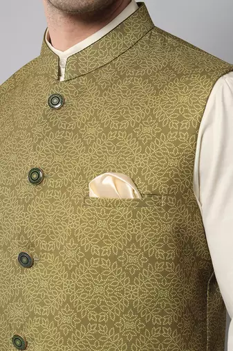 Wrinkle free olive green jacket with a plain creme kurta pants