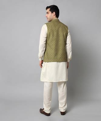 Wrinkle free olive green jacket with a plain creme kurta pants 6