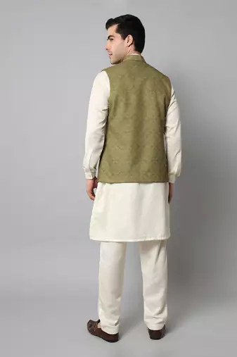 Wrinkle free olive green jacket with a plain creme kurta pants